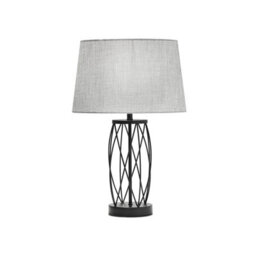 Lighting Supermarket Ashleigh Black Metal Lattice Cylinder Lantern Table Lamp With Grey Linen Shade - thumbnail 1