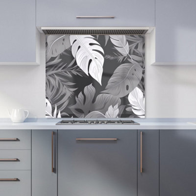 Warren Reed Designer Black White Tropical Leaves Premium Glass Kitchen Splashback W600mm X H650mm - image 1