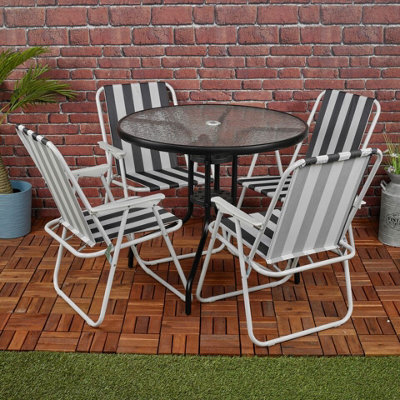 Urbn-Living Urbnliving 4Pcs White & Black Stripes Folding Deck Chairs With Garden Table Outdoor Patio Dining Furniture Set - image 1