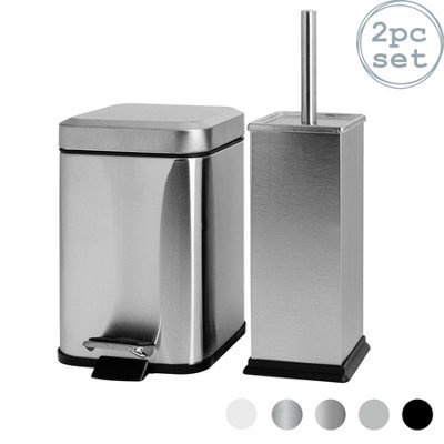 Harbour Housewares 3L Bathroom Bin & Brush Set - Brushed - Square Stainless Steel Slim Trashcan Pedal Bin & Toilet Brush Set - image 1