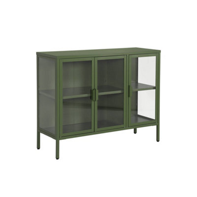 Sweeek - Industrial Metal And Tempered Glass Sideboard With 3 Doors 100Cm, Arkansas, Green, 100X35X80 Cm - image 1