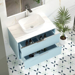 Royal Bathrooms Evora 800mm Powder Blue Fluted Wall Hung Vanity Unit 2 Drawer With Countertop Basin - Elva - thumbnail 3