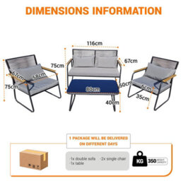 Birchtree 4-Seater Rattan Garden Furniture Set Single Double Sofas W/ Glass Coffee Table - thumbnail 6