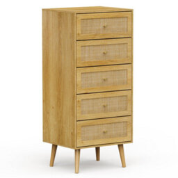 Vonhaus Tall Chest Of Drawers For Bedroom - Scandi Style Natural Rattan 5 Drawer Slim Chest Of Drawers - Tall Drawers For Bedroom - thumbnail 9