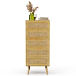 Vonhaus Tall Chest Of Drawers For Bedroom - Scandi Style Natural Rattan 5 Drawer Slim Chest Of Drawers - Tall Drawers For Bedroom - thumbnail 6