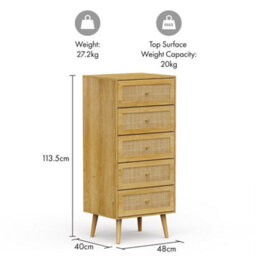 Vonhaus Tall Chest Of Drawers For Bedroom - Scandi Style Natural Rattan 5 Drawer Slim Chest Of Drawers - Tall Drawers For Bedroom - thumbnail 7