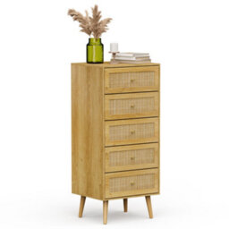 Vonhaus Tall Chest Of Drawers For Bedroom - Scandi Style Natural Rattan 5 Drawer Slim Chest Of Drawers - Tall Drawers For Bedroom