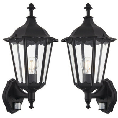 2 Pack Ip44 Outdoor Pir Light Matt Black & Glass Traditional Wall Lantern Motion - image 1