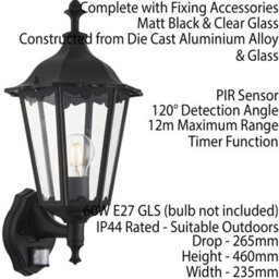 2 Pack Ip44 Outdoor Pir Light Matt Black & Glass Traditional Wall Lantern Motion - thumbnail 3