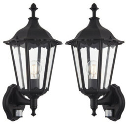 2 Pack Ip44 Outdoor Pir Light Matt Black & Glass Traditional Wall Lantern Motion - thumbnail 1