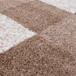 The Rugs Brown And Ivory Soft Checkerboard Design Fluffy Shaggy Rugs And Runners High Pile Living Room Kitchen Hallway 381 - thumbnail 3
