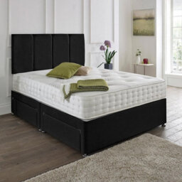 Dining Tables Zanzibar Headboard Divan Set , 2 Drawer On Same Side With Sprung 1500 Comfort Mattress - Damask Fabric Black - Double - thumbnail 1