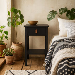 Wyld Haus Wildberry Matt Black Bedside Table With Drawer And Leather Handle - thumbnail 1