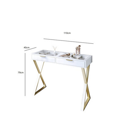CARME Home Jess Glasstop White Dressing Table With 2 Drawers & Gold X-Shaped Leg by B&Q | uFurnish.com CARME Home Jess Glasstop White Dressing Table With 2 Drawers & Gold X-Shaped Leg by B&Q | uFurnish.com