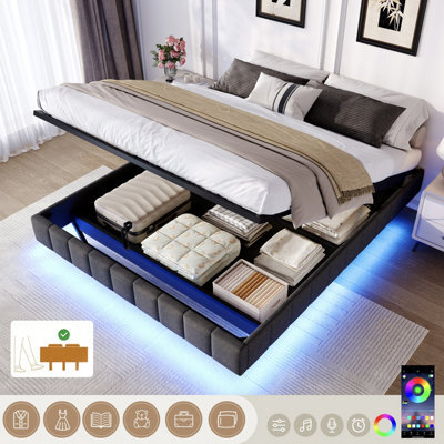 Matteo Double Floating Bed Frame With Hydraulic Storage & Smart Rgb Led Lights - Grey - image 1