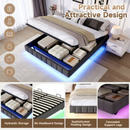 Matteo Double Floating Bed Frame With Hydraulic Storage & Smart Rgb Led Lights - Grey - thumbnail 6