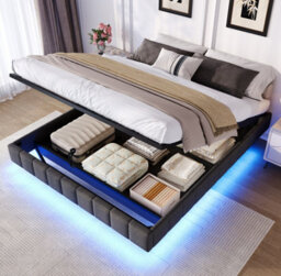 Matteo Double Floating Bed Frame With Hydraulic Storage & Smart Rgb Led Lights - Grey - thumbnail 2