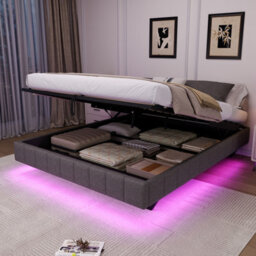 Matteo Double Floating Bed Frame With Hydraulic Storage & Smart Rgb Led Lights - Grey - thumbnail 3