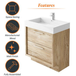 Plum&clay Walter Light Bare Wood Floor Standing Bathroom Vanity Unit With Polymarble Resin Basin (W)750mm - thumbnail 6