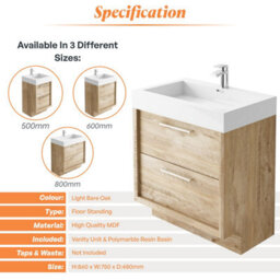 Plum&clay Walter Light Bare Wood Floor Standing Bathroom Vanity Unit With Polymarble Resin Basin (W)750mm - thumbnail 5