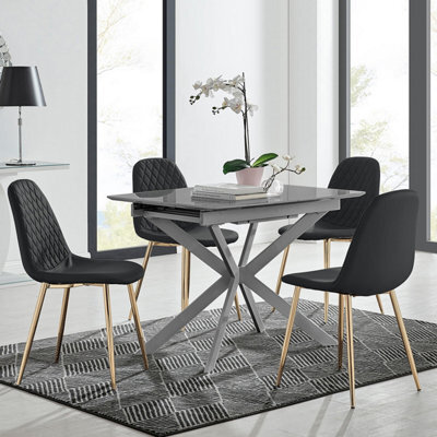 Furniturebox Uk Lira 100Cm Grey Metal Extending Dining Table & 4 Black Corona Gold Leg Chairs - image 1
