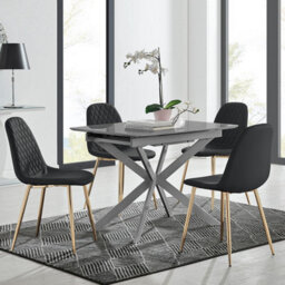 Furniturebox Uk Lira 100Cm Grey Metal Extending Dining Table & 4 Black Corona Gold Leg Chairs