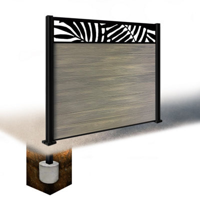 Easycomposite 5Ft Composite Fence Panel & Aluminium Post Sunken In Ground - Greige Boards & Leafy Topper Trellis - image 1