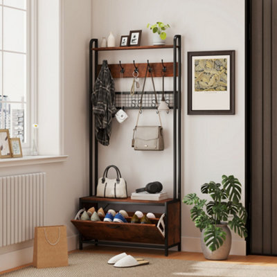 Homcom Industrial Hall Tree Coat Rack Stand With Shoe Cabinet Rustic Brown - image 1