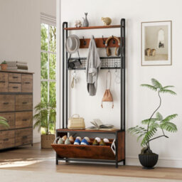 Homcom Industrial Hall Tree Coat Rack Stand With Shoe Cabinet Rustic Brown - thumbnail 9