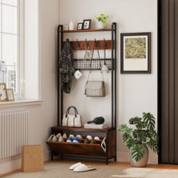 Homcom Industrial Hall Tree Coat Rack Stand With Shoe Cabinet Rustic Brown