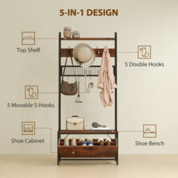 Homcom Industrial Hall Tree Coat Rack Stand With Shoe Cabinet Rustic Brown - thumbnail 4