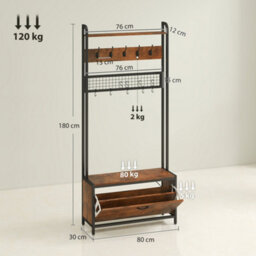 Homcom Industrial Hall Tree Coat Rack Stand With Shoe Cabinet Rustic Brown - thumbnail 3