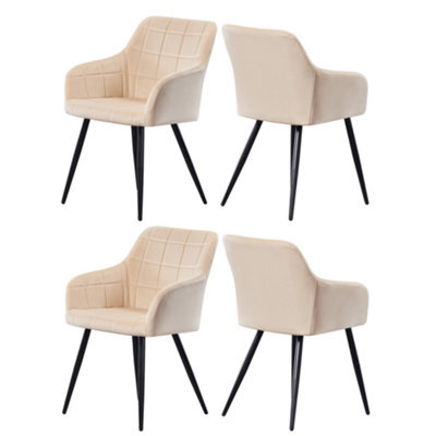 Life Interiors Set Of 4 Cream Camden Modern Velvet Dining Chairs With Armrests, Quilted Design & Black Metal Legs - image 1