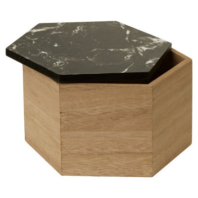 Orsina Decent Black Marble Effect Hexagonal Trinket Box,decorative Trinket Box With Natural Base,wooden Storage Box - image 1