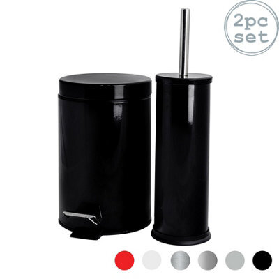 Harbour Housewares 3L Bathroom Bin & Brush Set - Black - Round Stainless Steel Slim Trashcan Pedal Bin & Toilet Brush Set - image 1