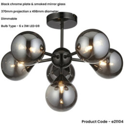 Loops Black Chrome Semi Flush Low Ceiling Light - Smoked Mirror Multi Arm Glass - 6 X 3W Led G9 - thumbnail 2