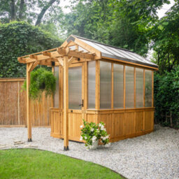 Backyard Discovery Bellerose Cedar Wood Polycarbonate Greenhouse With Pergola Front And Powerport 2.9M X 1.8M (9Ft X 6Ft) - thumbnail 1