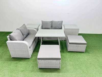 Fimous 6 Seater Outdoor Love Sofa Set Rattan Garden Furniture Set With Dining Table 2 Side Tables 2 Big Footstool Light Grey - image 1