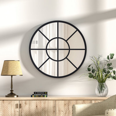 Living And Home Contemporary Round Metal Windowpane Wall Framed Mirror 50Cm Dia - image 1