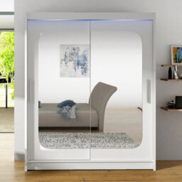 Westa Xii 150 Cm Mirrored Sliding White Wardrobe Spacious Modern Storage With Shelves Hanging Space And Rgb Led Colorful - thumbnail 2