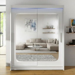 Westa Xii 150 Cm Mirrored Sliding White Wardrobe Spacious Modern Storage With Shelves Hanging Space And Rgb Led Colorful - thumbnail 1
