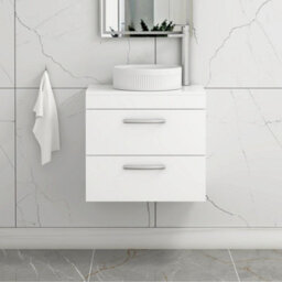 Royal Bathrooms Turin 600mm Wall Mounted Bathroom Vanity Unit With Sink 2 Drawer Gloss White & Round Countertop Basin - thumbnail 1