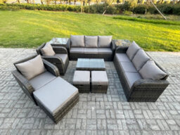 Fimous Rattan Outdoor Garden Furniture Sofa Set Patio Table & Chairs Set With 3 Seater Sofa Reclining Chair 2 Side Tables - thumbnail 1