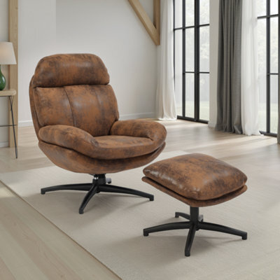 Brown Swivel Armchair With Footstool In Faux Leather Suede - image 1