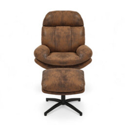 Brown Swivel Armchair With Footstool In Faux Leather Suede - thumbnail 3