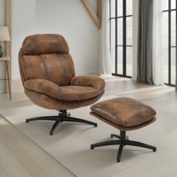 Brown Swivel Armchair With Footstool In Faux Leather Suede - thumbnail 1