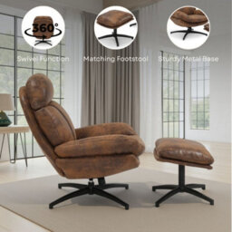 Brown Swivel Armchair With Footstool In Faux Leather Suede - thumbnail 8