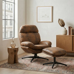 Brown Swivel Armchair With Footstool In Faux Leather Suede - thumbnail 9