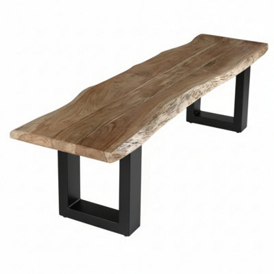 Live Edge Acacia Wood Dining Bench With Black Metal Legs 125Cm