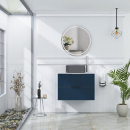 Royal Bathrooms Evora 700mm Midnight Blue Fluted Wall Hung Countertop Vanity Unit 2 Drawer With Art Square Basin - thumbnail 2